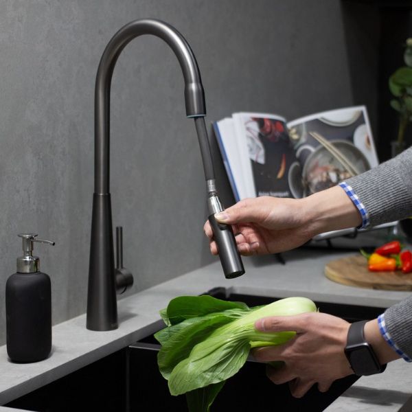 Suprema Xpress Fit Xcel Stainless Steel Retractable Sink Mixer Gun Metal Lifestyle - The Blue Space
