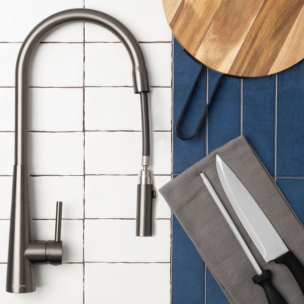 Suprema Xpress Fit Xcel Stainless Steel Retractable Sink Mixer Gun Metal Lifestyle - The Blue Space