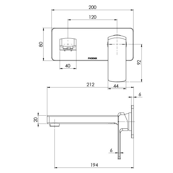 Phoenix Teva Wall Basin/Bath Mixer Set 180mm Technical Drawing - The Blue Space