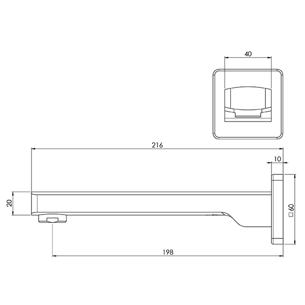 Phoenix Teva Wall Bath Outlet 200mm Technical Drawing - The Blue Space