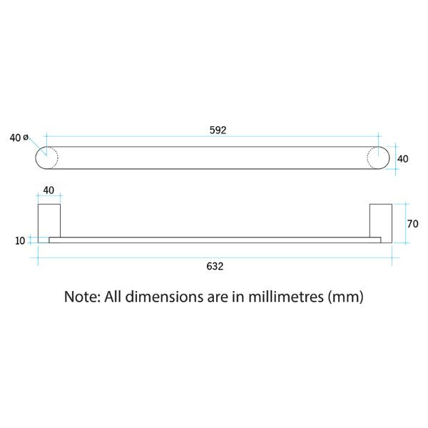 Technical Drawing; Thermogroup 12V Flat Pill Single Bar Horizontal 632mm Heated Towel Raill