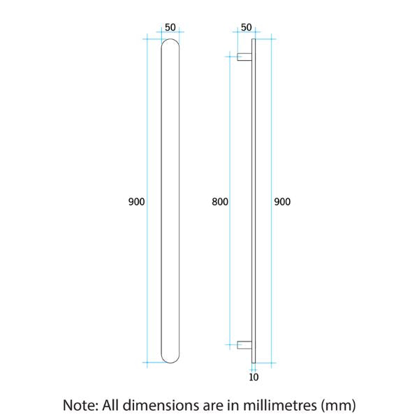 Technical Drawing; Thermogroup 12V Flat Pill Single Bar Vertical Heated Towel Rail