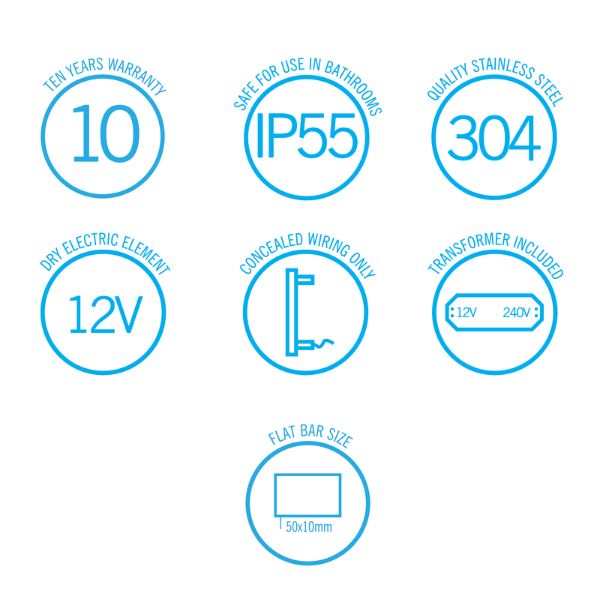 Symbols; Thermogroup 12V Flat Pill Single Bar Vertical Heated Towel Rail