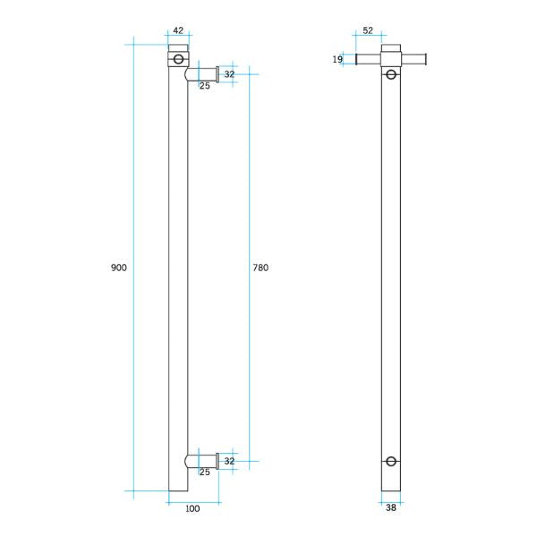 Technical Drawing; Thermogroup 240V Vertical Single Bar Heated Towel Rail