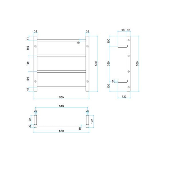 Technical Drawing; Thermogroup 4 Bar 550mm Heated Towel Ladder