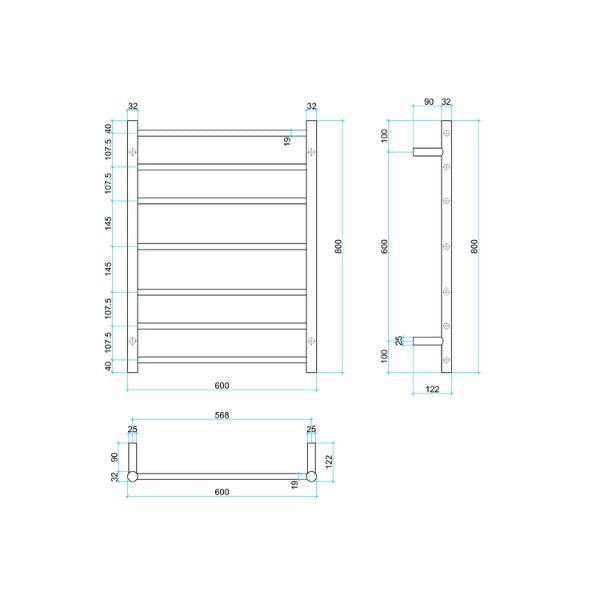 Technical Drawing; Thermogroup 7 Bar 600mm Heated Towel Ladder