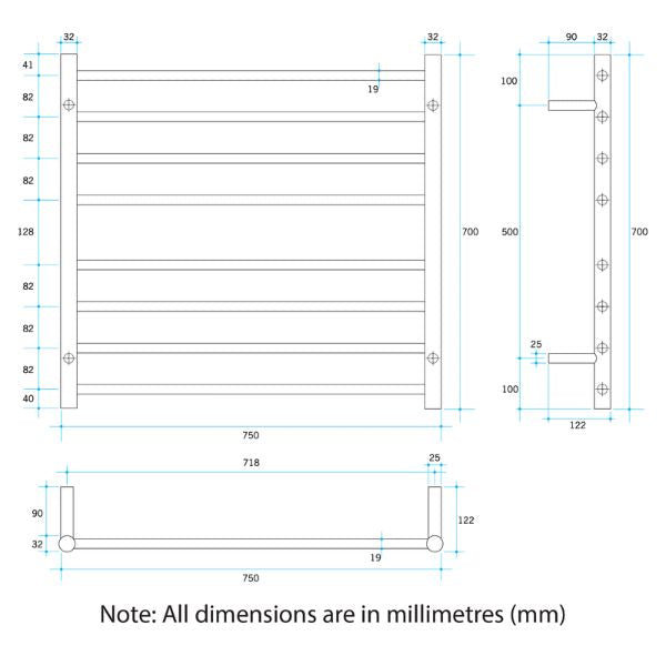 Technical Drawing; Thermogroup 8 Bar Thermorail Heated Towel Ladder 750x700x122
