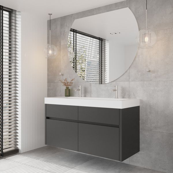 Thermogroup Hamilton Ablaze Mirror D-Shaped Polished Edge Mirror 1200mm features wall hung double bowl vanity, brushed nickel taps and heated towel rails | The Blue Space