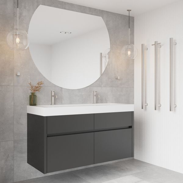 Thermogroup Hamilton Ablaze Mirror D-Shaped Polished Edge Mirror 1200mm features wall hung double bowl vanity, brushed nickel taps and heated towel rails | The Blue Space