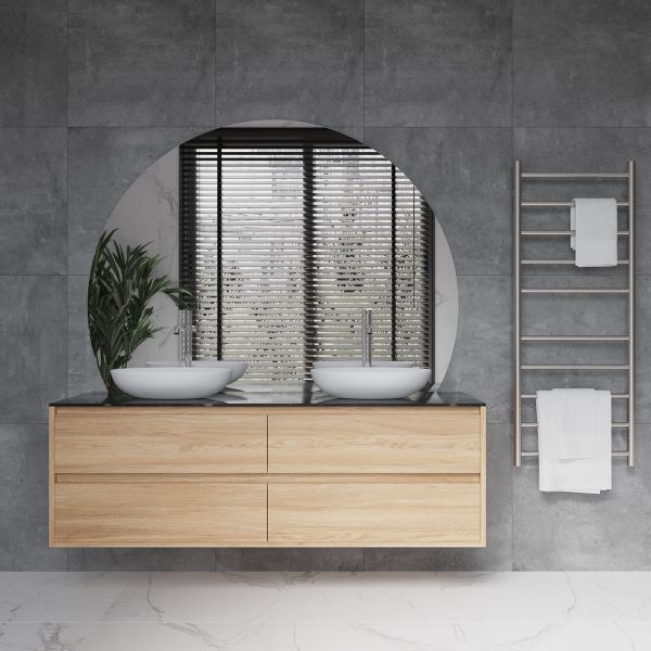 Thermogroup Hamilton Ablaze Mirror D-Shaped Polished Edge Mirror 1500mm features wall hung double bowl vanity, white above counter basin, chrome taps and heated towel ladder | The Blue Space