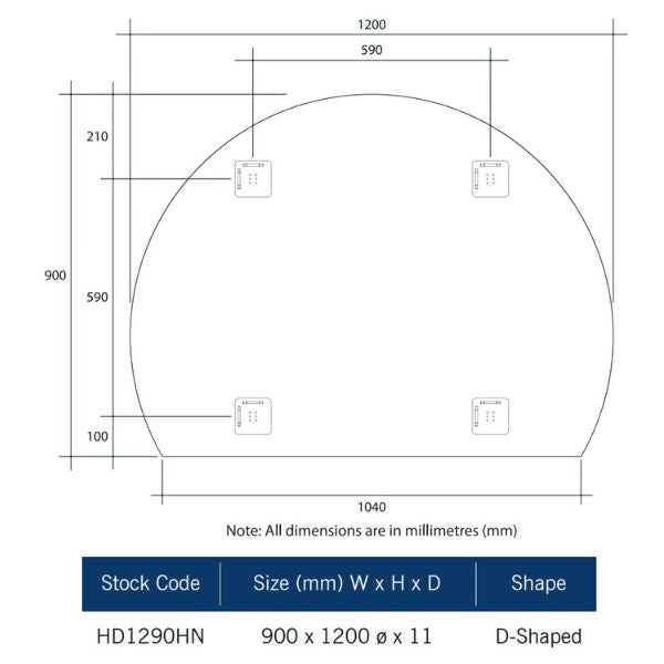 Technical Drawing: Thermogroup Hamilton Ablaze Mirror D-Shaped Polished Edge Mirror 1200mm
