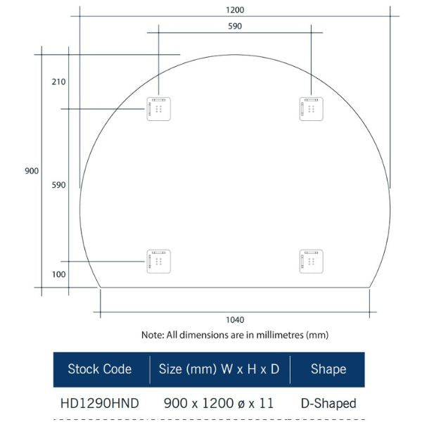 Technical Drawing: Thermogroup Hamilton Ablaze Mirror D-Shaped Polished Edge Mirror with Demister 1200mm