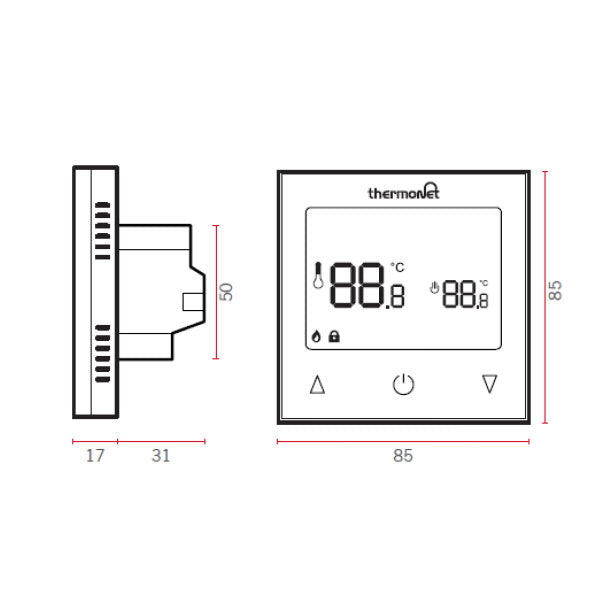 Thermogroup Thermotouch 9.2mG Glass Manual Thermostat Technical Drawing - The Blue Space