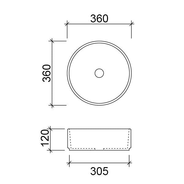 Timberline Allure Light Grey Above Counter Basin Technical Drawing - The Blue Space