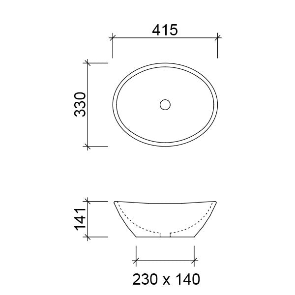 Timberline Elite Above Counter Basin Technical Drawing - The Blue Space