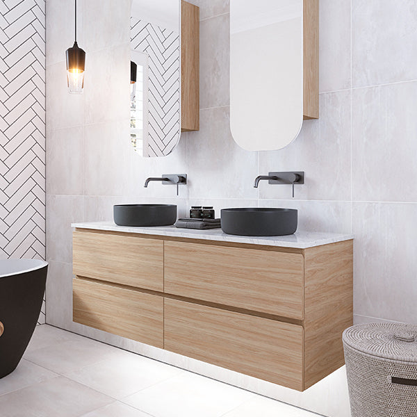 First Image: Timberline Nevada Plus Wall Hung Vanity Double Bowl 1500mm in Prime Oak Cabinet finish with Carrara SilkSurface Top and Black Matt Allure Basins - The Blue Space