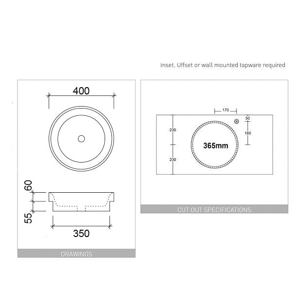 Timberline Radius Inset Basin Technical Drawing - The Blue Space