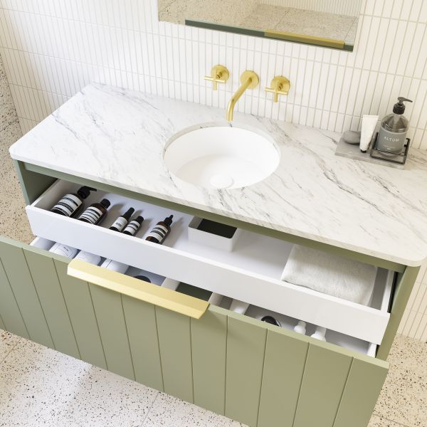 Timberline Saba Wall Hung Vanity With Under Counter Basin 1200mm in modern bathroom design - top view open drawer - The Blue Space