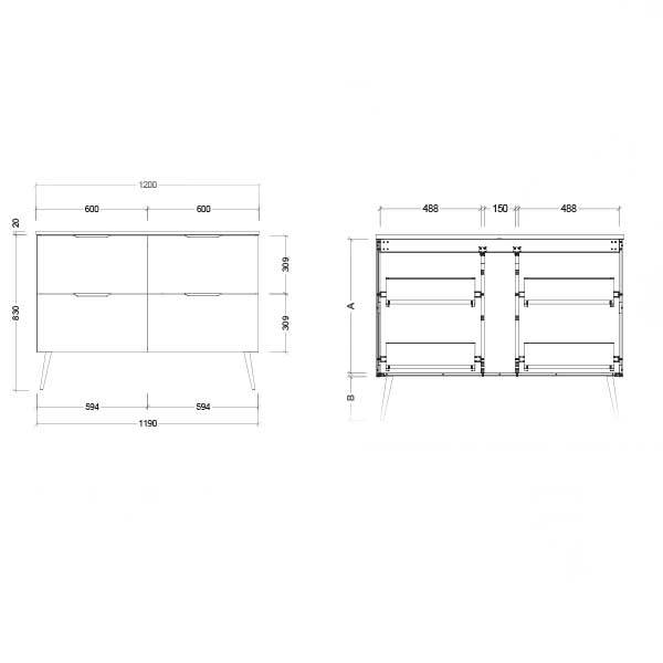 Timberline Sutherland House Deco Vanity 600mm Technical Drawing-The Blue Space