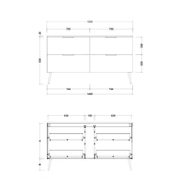 Timberline Sutherland House Deco Vanity 600mm Technical Drawing-The Blue Space