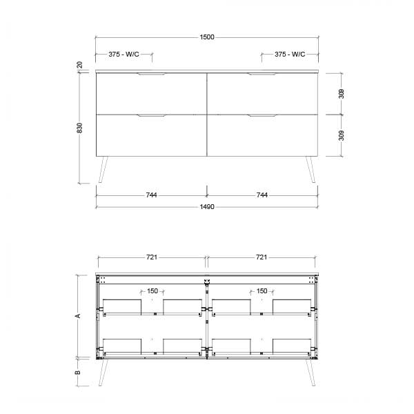 Timberline Sutherland House Deco Vanity 600mm Technical Drawing-The Blue Space