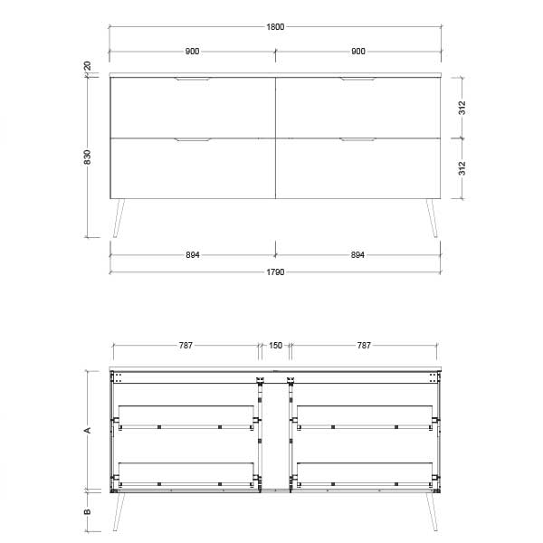 Timberline Sutherland House Deco Vanity 600mm Technical Drawing-The Blue Space