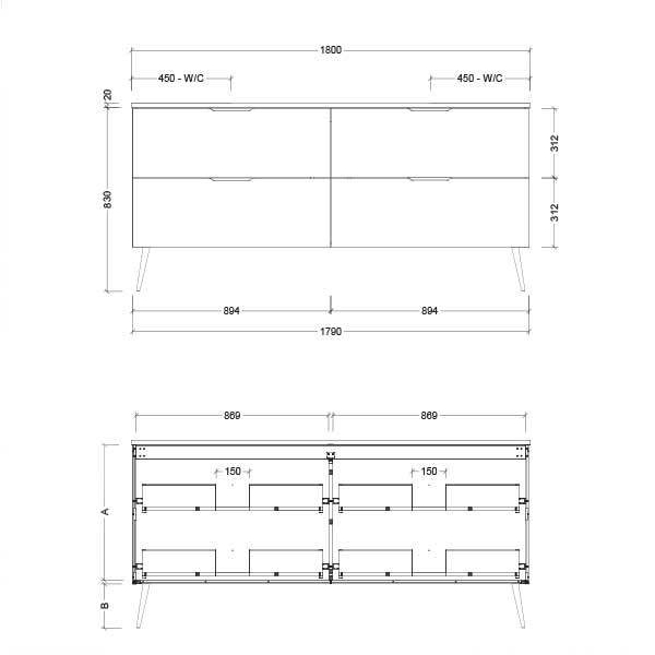 Timberline Sutherland House Deco Vanity 600mm Technical Drawing-The Blue Space