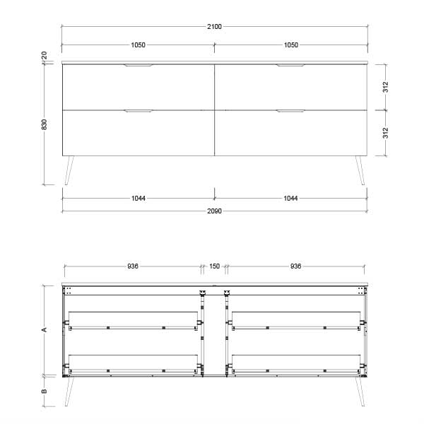 Timberline Sutherland House Deco Vanity 600mm Technical Drawing-The Blue Space