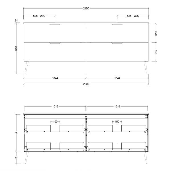 Timberline Sutherland House Deco Vanity 600mm Technical Drawing-The Blue Space