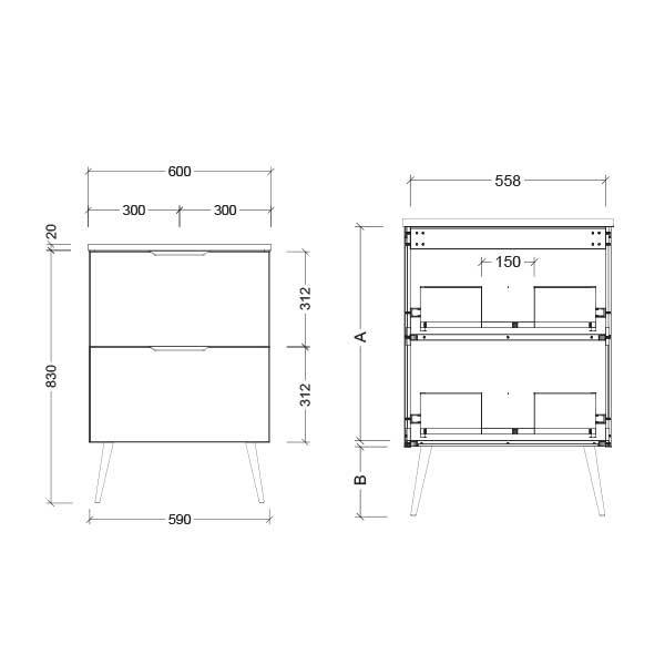Timberline Sutherland House Deco Vanity 600mm Technical Drawing-The Blue Space