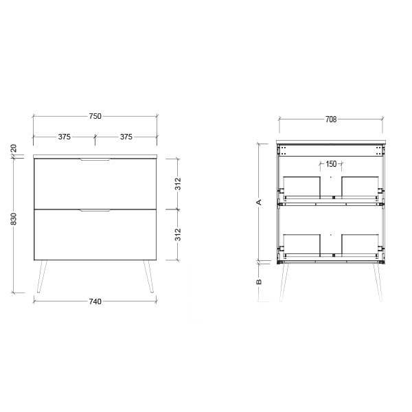 Timberline Sutherland House Deco Vanity 600mm Technical Drawing-The Blue Space