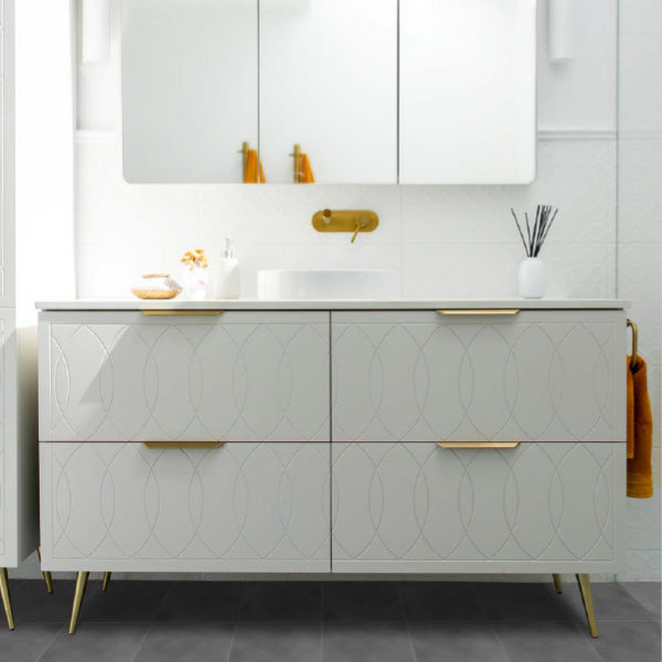 Timberline Sutherland House Deco Vanity 1500mm, Calcutta Snow SilkSurface Top, Above Counter Basin, Brushed Gold Ova Handles, Brushed Gold Angled Legs, Light Grey Satin finish - The Blue Space