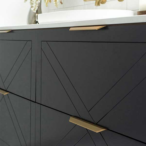 Timberline Sutherland House Farmhouse Vanity 1500mm, Calcutta Snow SilkSurface Top, Above Counter Basin, Brushed Gold Ova Handles, Brushed Gold Angled Legs, Black Satin finish