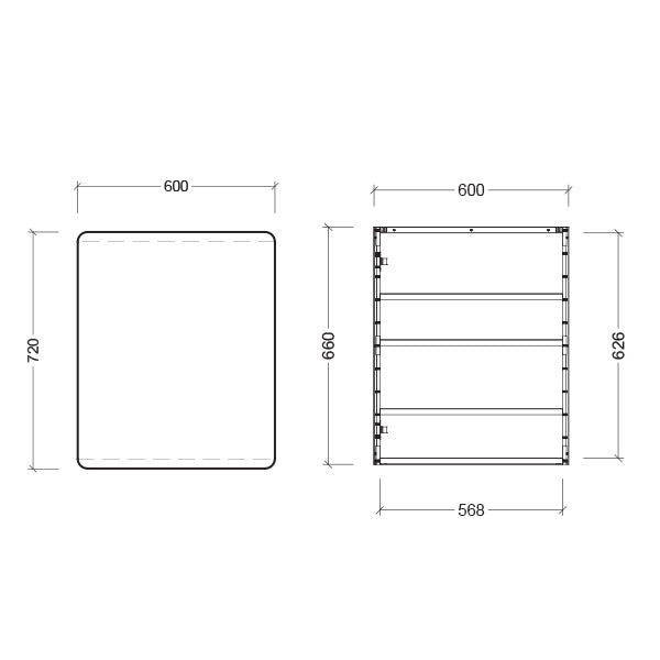 Timberline Sutherland House Shaving Cabinet 600mm Technical Drawing - The Blue Space