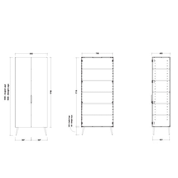 Timberline Sutherland House Storage Cabinet 800mm With Angled Legs Technical Drawing - The Blue Space