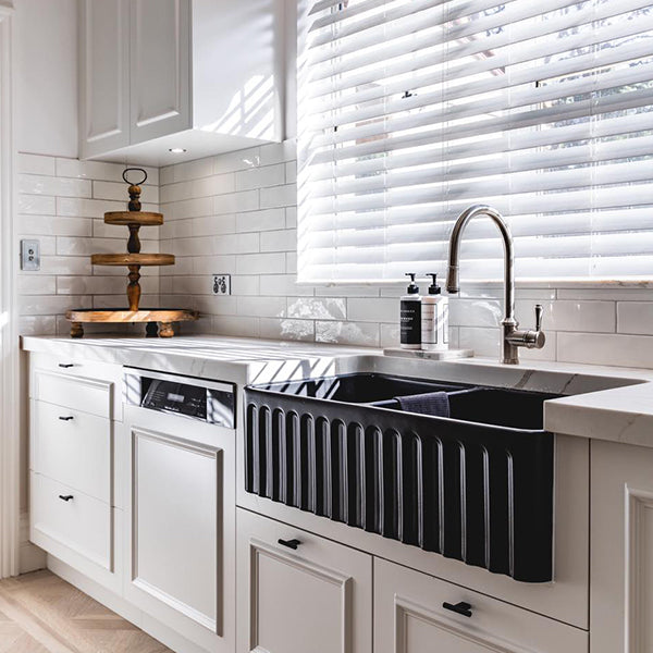 Turner Hastings Novi 85 x 46 Fine Fireclay Butler Sink - Matte Black Lifestyle Image at The Blue Space