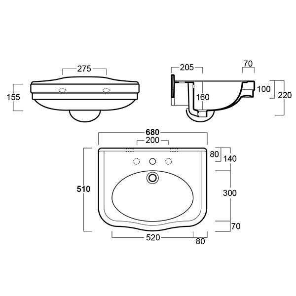 Turner Hastings Claremont 68 x 51 Wall Hung Basin 1TH Technical Drawing - The Blue Space