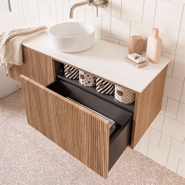 ADP Clifton Ensuite Vanity 1200mm in Prime Oak Woodmatt Thermolaminated V-Groove cabinet finish, 12mm Bright White Cherry Pie benchtop, and ADP Maggie above counter basin in gloss white, centre bowl, 0 Taphole with Hettich AvanTech YOU push-to-open drawers in anthracite with internal storage shelf - Online at The Blue Space