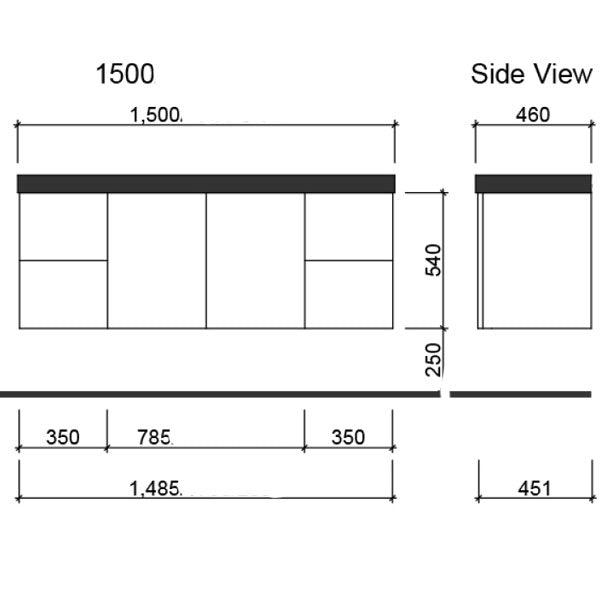 Technical Drawing - Timberline Carlo Vanity 1500mm with Haven Dolomite Basin Top