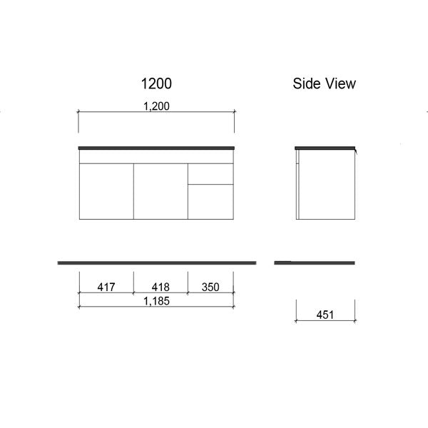 Technical Drawing - Timberline Indiana Wall Hung Vanity 1200mm with Alpha Ceramic Top