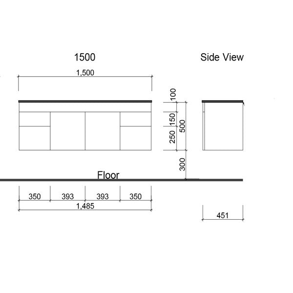 Technical Drawing - Timberline Indiana Wall Hung Vanity 1500mm with Alpha Ceramic Top