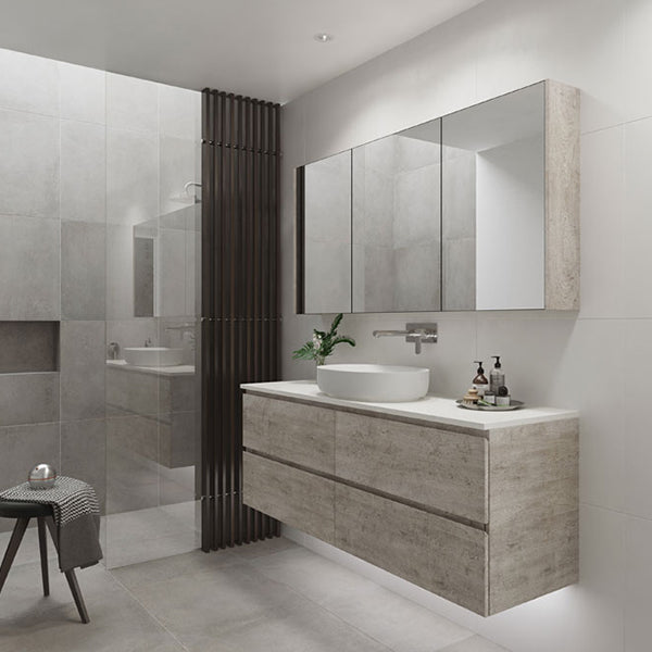 Forth Image: Timberline Nevada Plus Wall Hung Vanity Single Bowl 1500mm in Concrete Formwood Cabinet finish with Blanca Granite SilkSurface Top and White Gloss Myrtle Ceramic Basin - The Blue Space