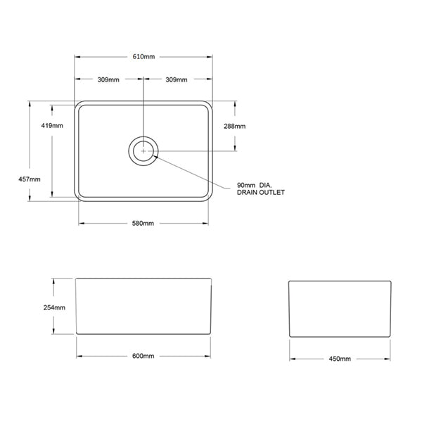 Technical Drawing - Turner Hastings Novi 60 x 46 Fine Fireclay Butler Sink - Matte Black