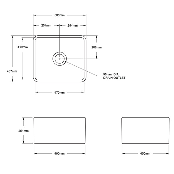 Turner Hastings Novi 500 Flat Front Fine Fireclay Butler Sink - Matte Black technical Drawing