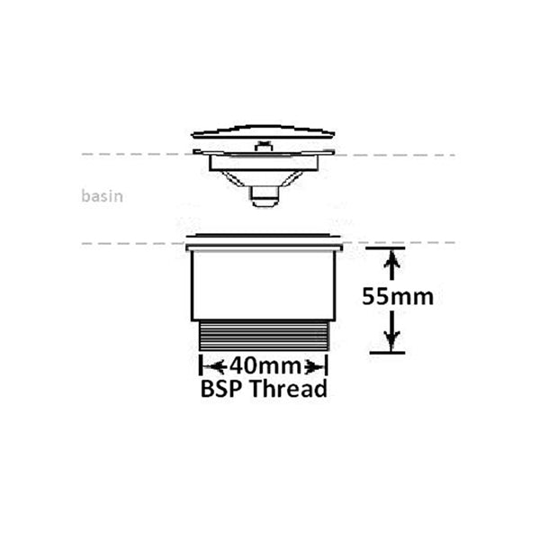 Technical Drawing - Turner Hastings Universal 32/40mm Two Piece Brass Pop-up Waste - White Ceramic