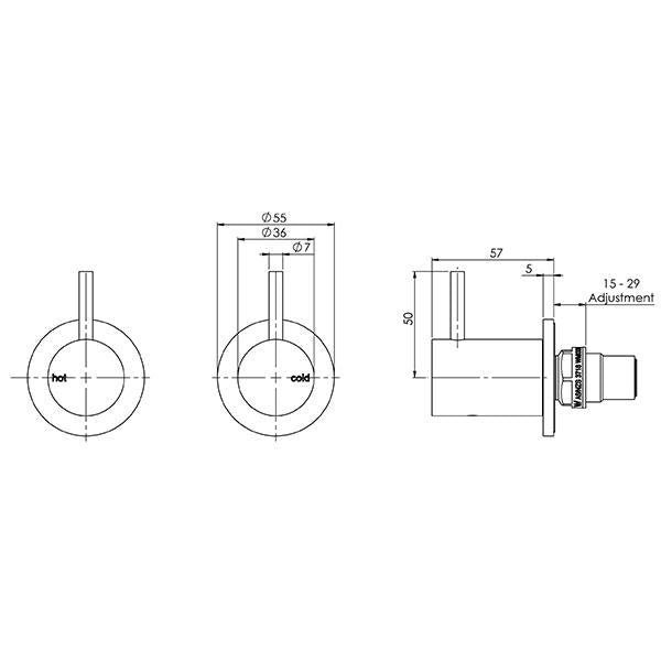 Phoenix Vivid Slimline Wall Top Assemblies 15mm Ext Spindles - Chrome specs- line drawing and dimensions