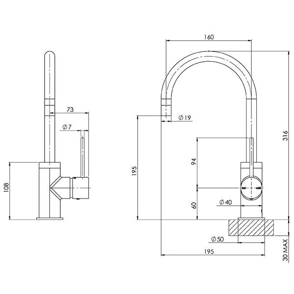 Phoenix Vivid Slimline Side Lever Sink Mixer 160mm Gooseneck-Brushed Gold - specs - line drawing and dimensions