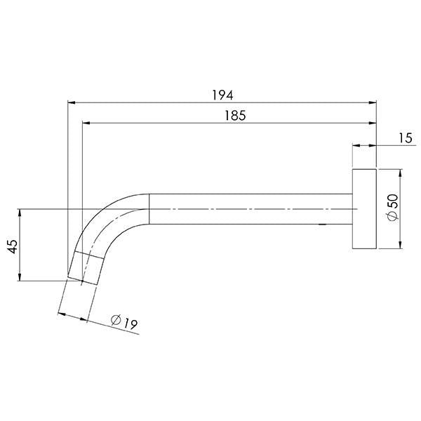 Phoenix Vivid Slimline Wall Bath Outlet 180mm Curved-Brushed Gold specs- line drawing and dimensions