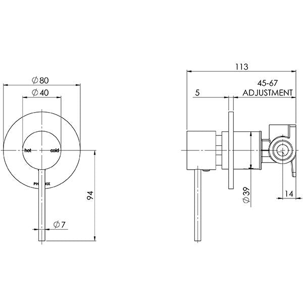 Phoenix Vivid Slimline Shower/Wall Mixer-Brushed Gold - specs - line drawing and dimensions