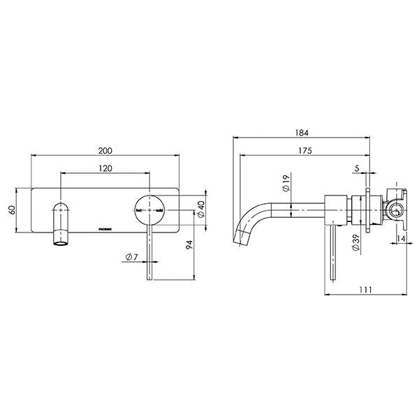 Phoenix Vivid Slimline Wall Basin Set 180mm Curved-Brushed Gold specs- line drawing and dimensions